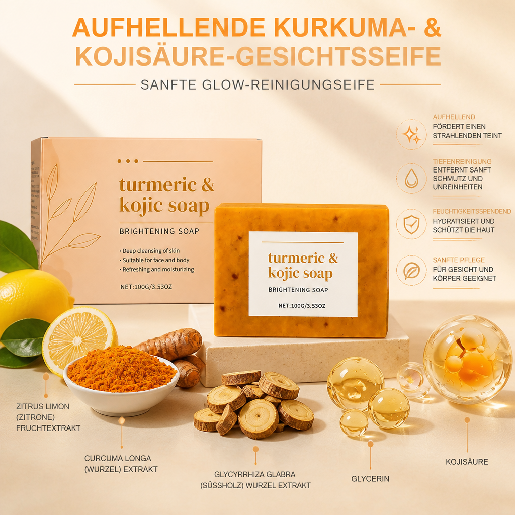 Aufhellende Kurkuma- & Kojisäure-Gesichtsseife – Sanfte Glow-Reinigungsseife