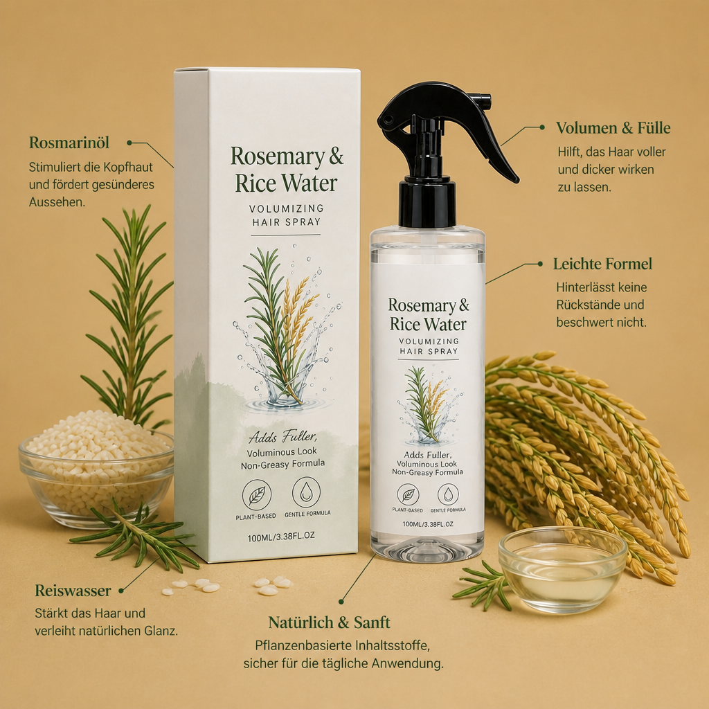 Rosmarin- & Reiswasser-Haarspray – 100 % Natürliches Haar-Spray für Weiches, Glattes & Gesund Aussehendes Haar