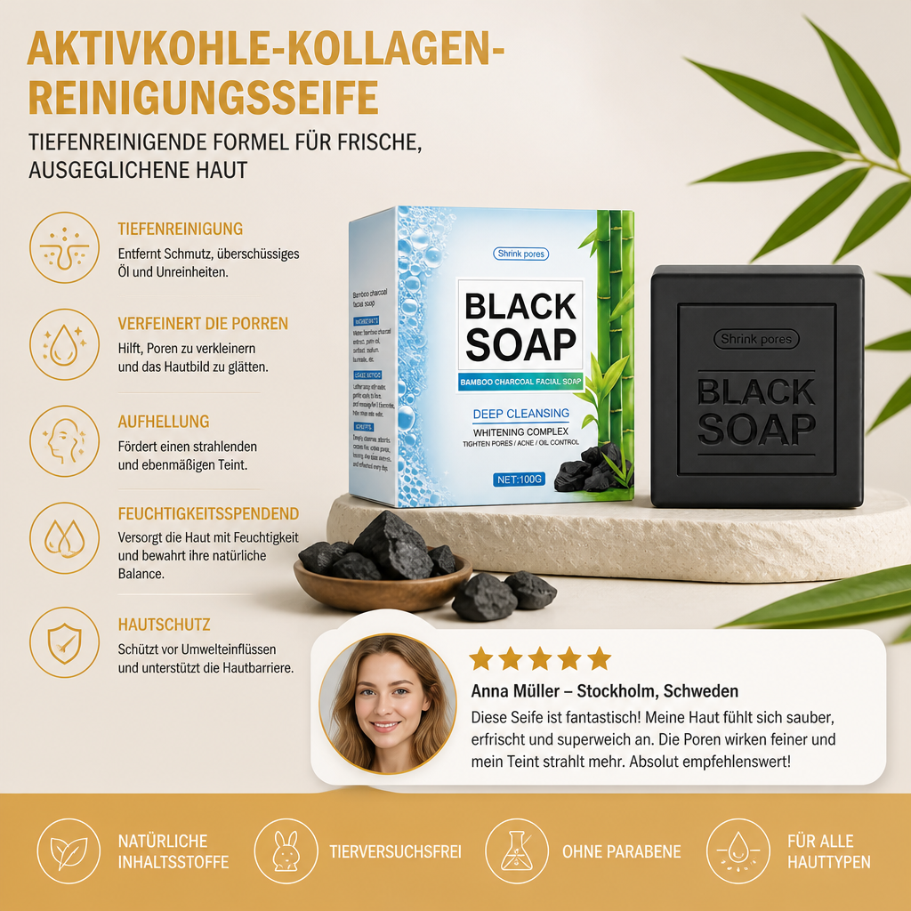 Aktivkohle-Kollagen-Reinigungsseife – Tiefenreinigende Formel für frische, ausgeglichene Haut