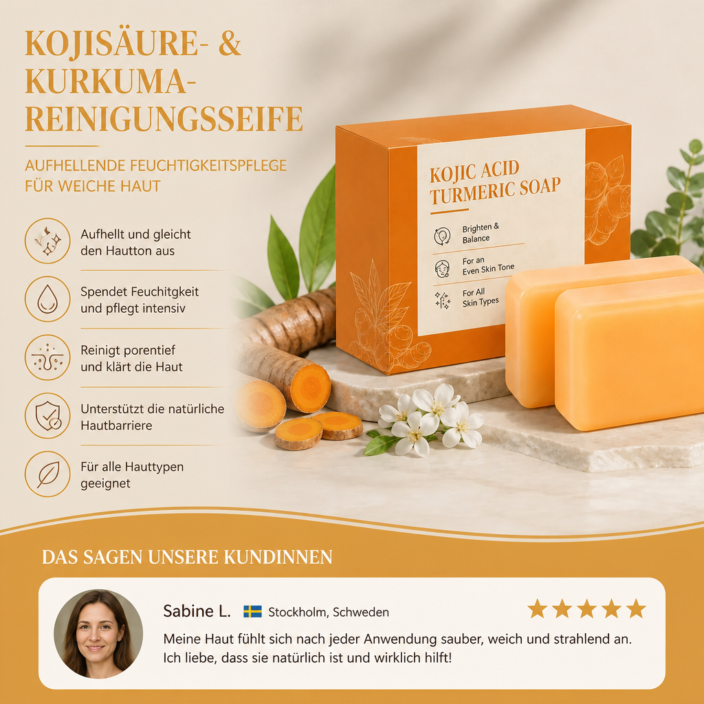 Kojisäure- & Kurkuma-Reinigungsseife – Aufhellende Feuchtigkeitspflege für weiche Haut