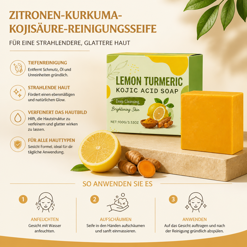Zitronen-Kurkuma-Kojisäure-Reinigungsseife für eine strahlendere, glattere Haut