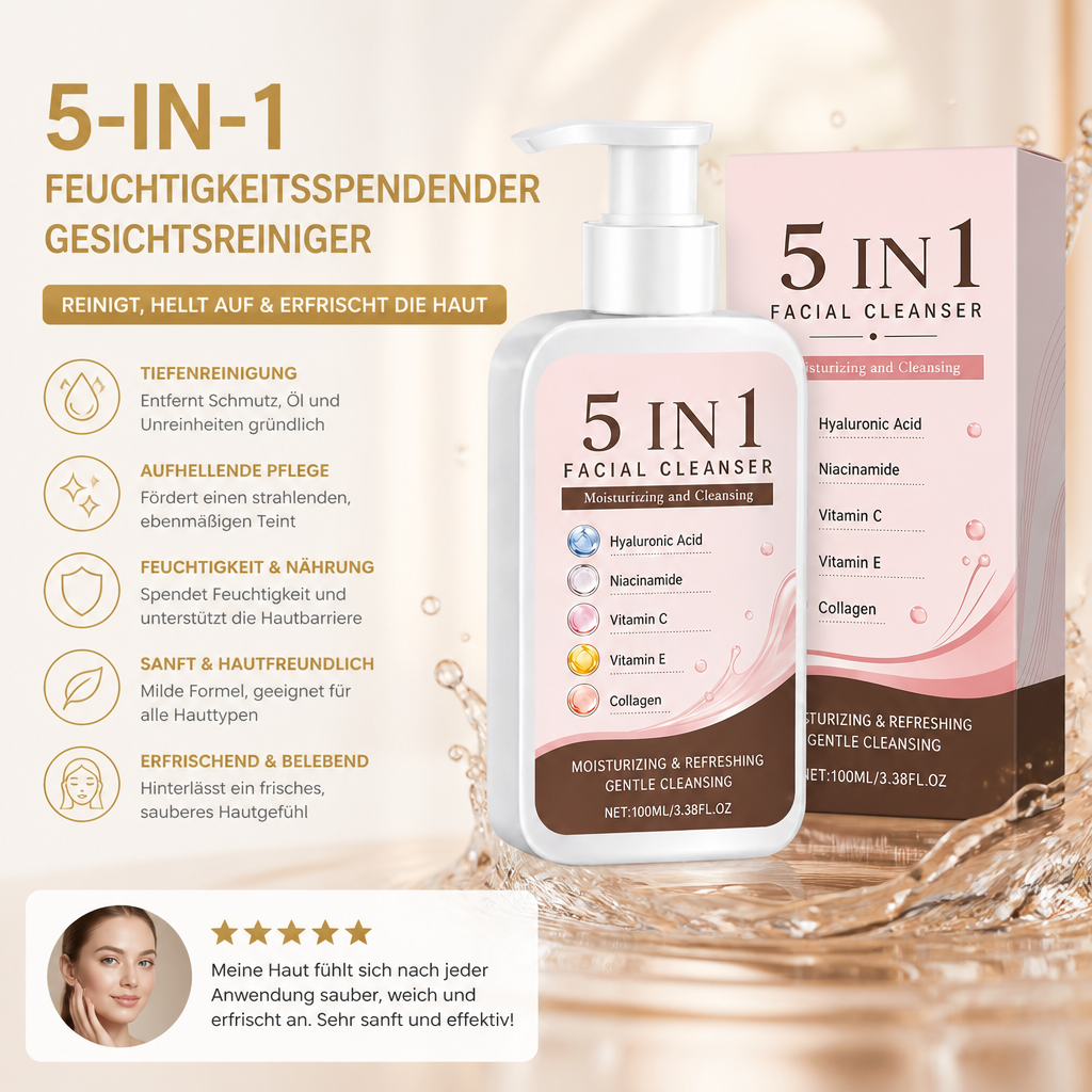5-in-1 Feuchtigkeitsspendender Gesichtsreiniger – Reinigt, Hellt Auf & Erfrischt Die Haut