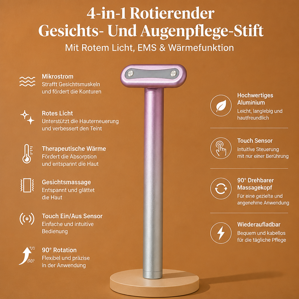 4-in-1 Rotierender Gesichts- Und Augenpflege-Stift Mit Rotem Licht, EMS & Wärmefunktion
