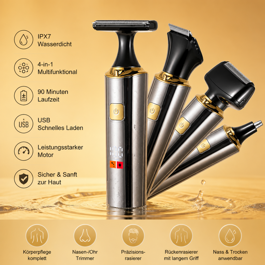 4-in-1 Wasserdichter Elektrischer Körpertrimmer & Rückenrasierer Für Männer Mit Langem Griff