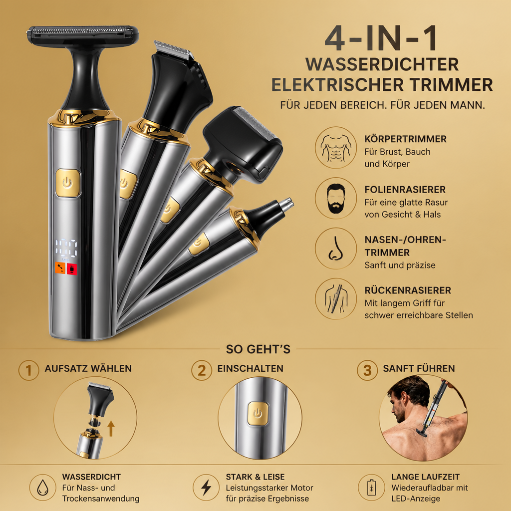 4-in-1 Wasserdichter Elektrischer Körpertrimmer & Rückenrasierer Für Männer Mit Langem Griff