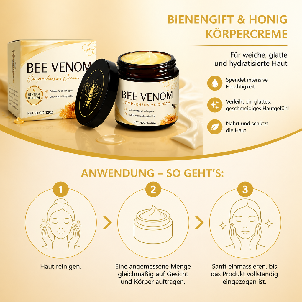 Bienengift & Honig Körpercreme für weiche, glatte und hydratisierte Haut