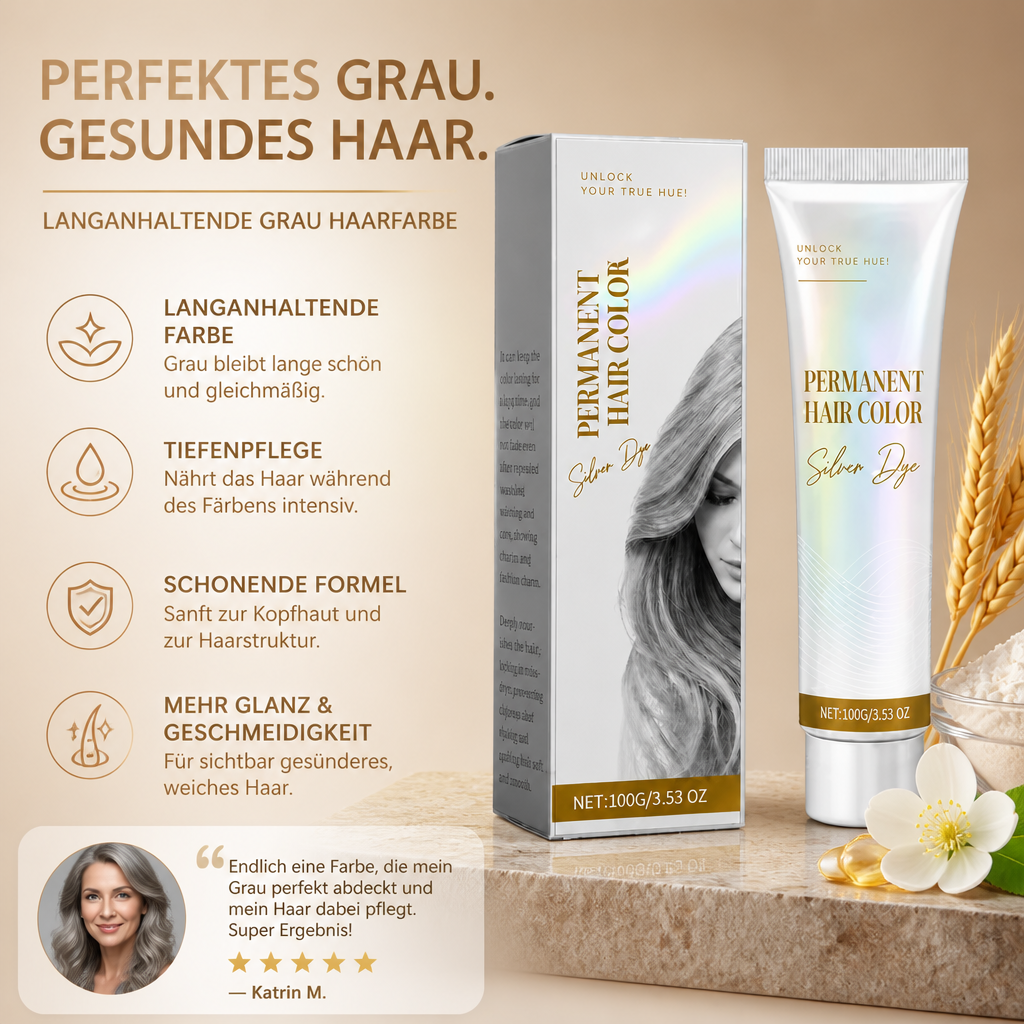 Langanhaltende Grau Haarfarbe – Nährende Farbformel für geschmeidiges Haar