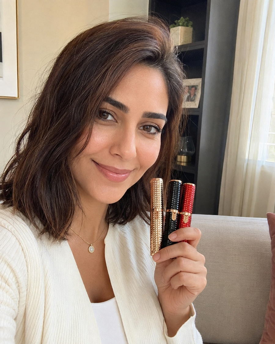 Kundin zeigt die einfache Anwendung des 3-in-1 Precision Electric Beauty Trimmers