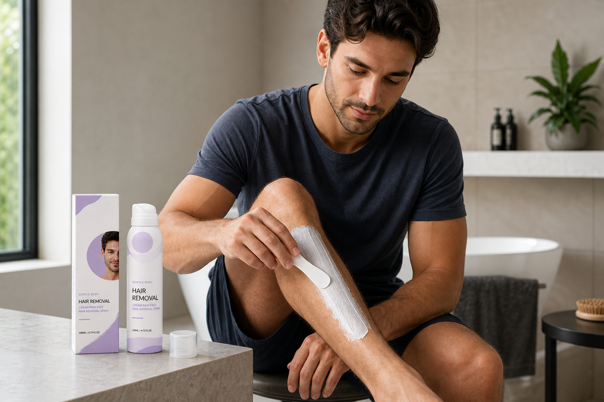 Deutsche Beauty Kunde trägt Haarentfernungscreme auf eine ausgewählte Stelle auf