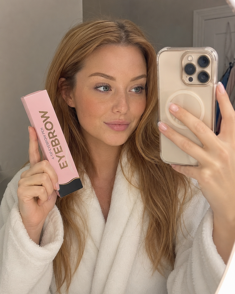 Kundin Spiegel-Selfie mit definierten Brauen und dem Deutsche Beauty Wasserfesten 4-Spitzen-Augenbrauenstift