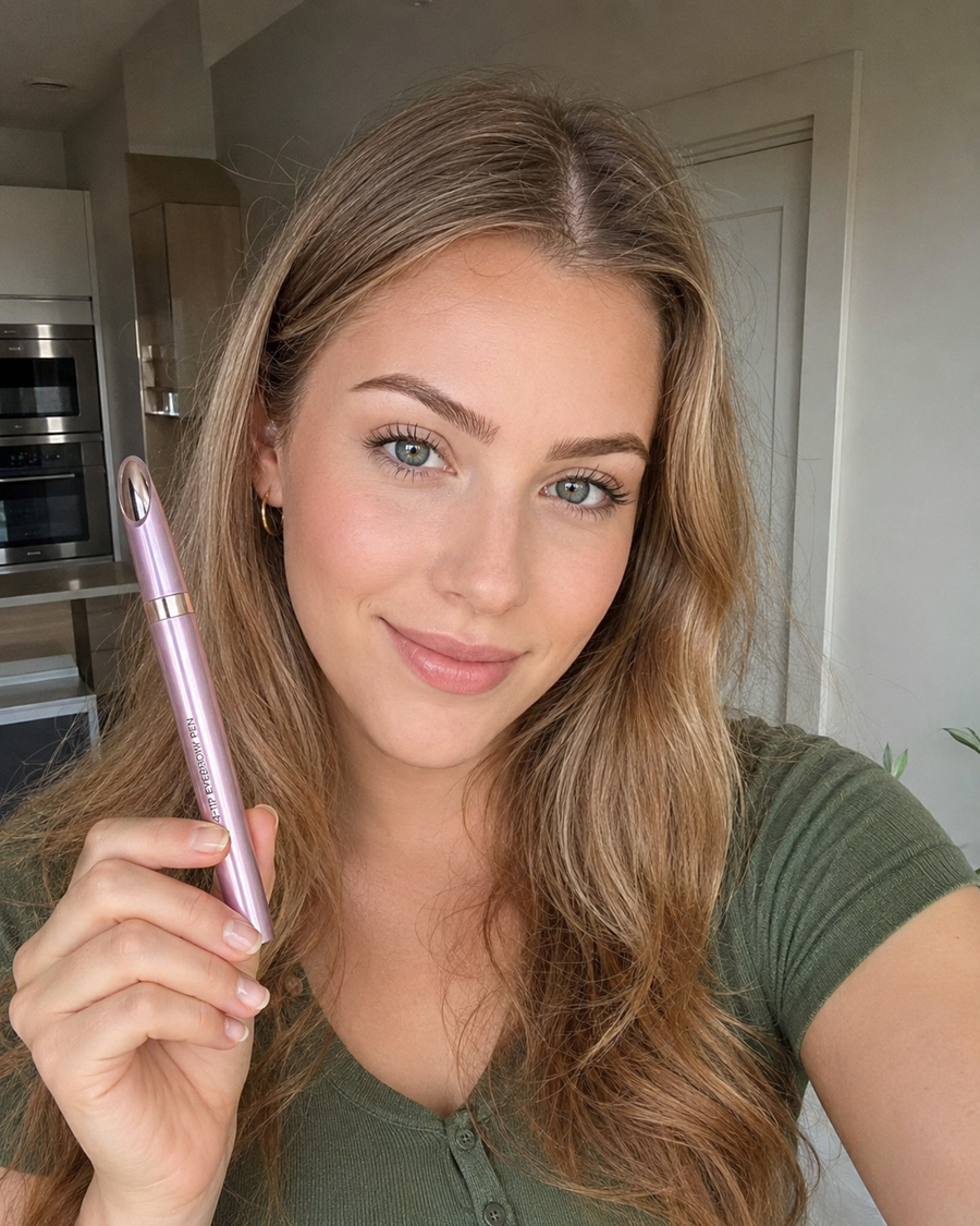 Kundin zeigt ihren Brauen-Look mit dem Deutsche Beauty Wasserfesten 4-Spitzen-Augenbrauenstift