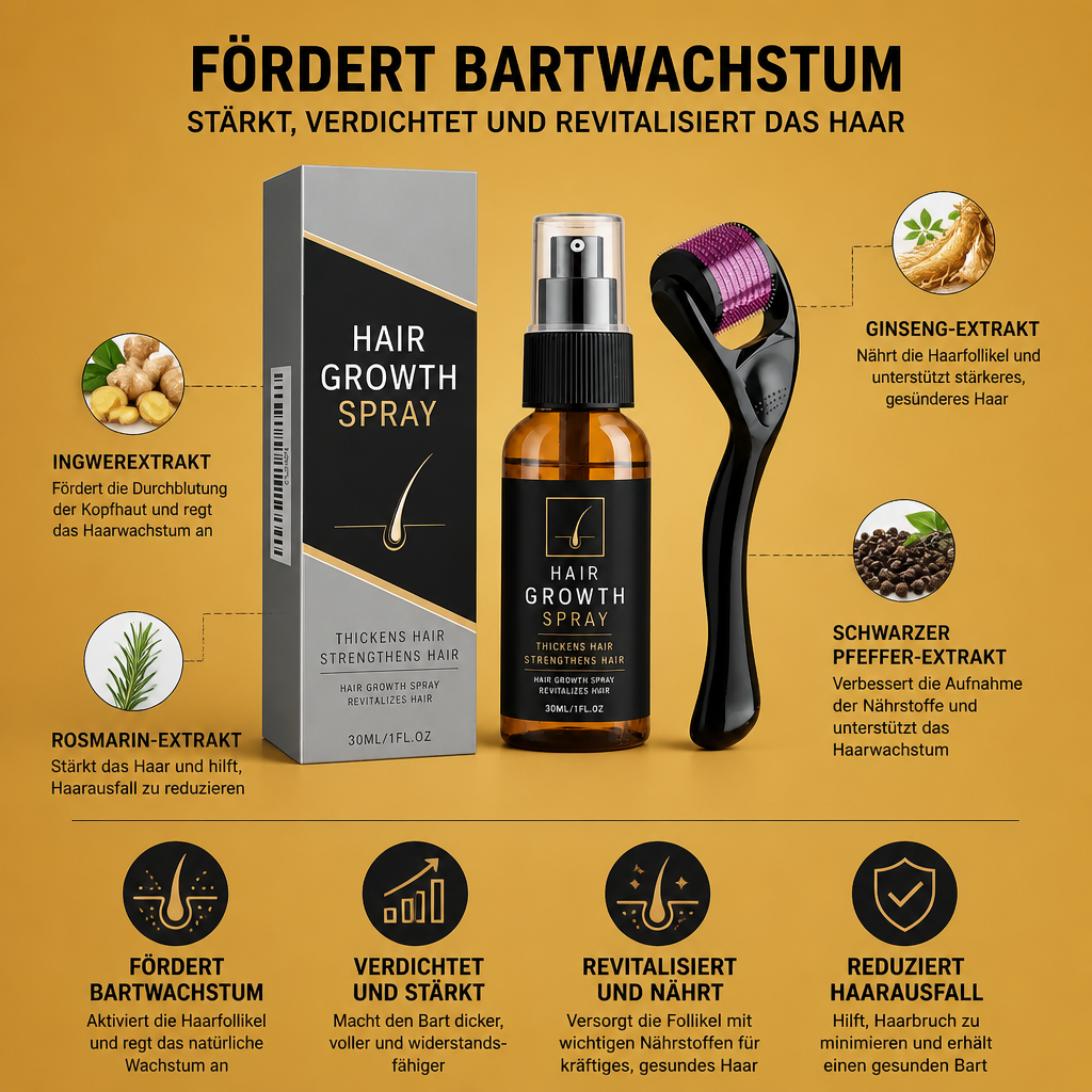 Bartwachstums-Spray & Roller-Set – Stärkt, Verdichtet und Revitalisiert das Haar