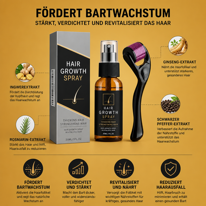Bartwachstums-Spray & Roller-Set – Stärkt, Verdichtet und Revitalisiert das Haar