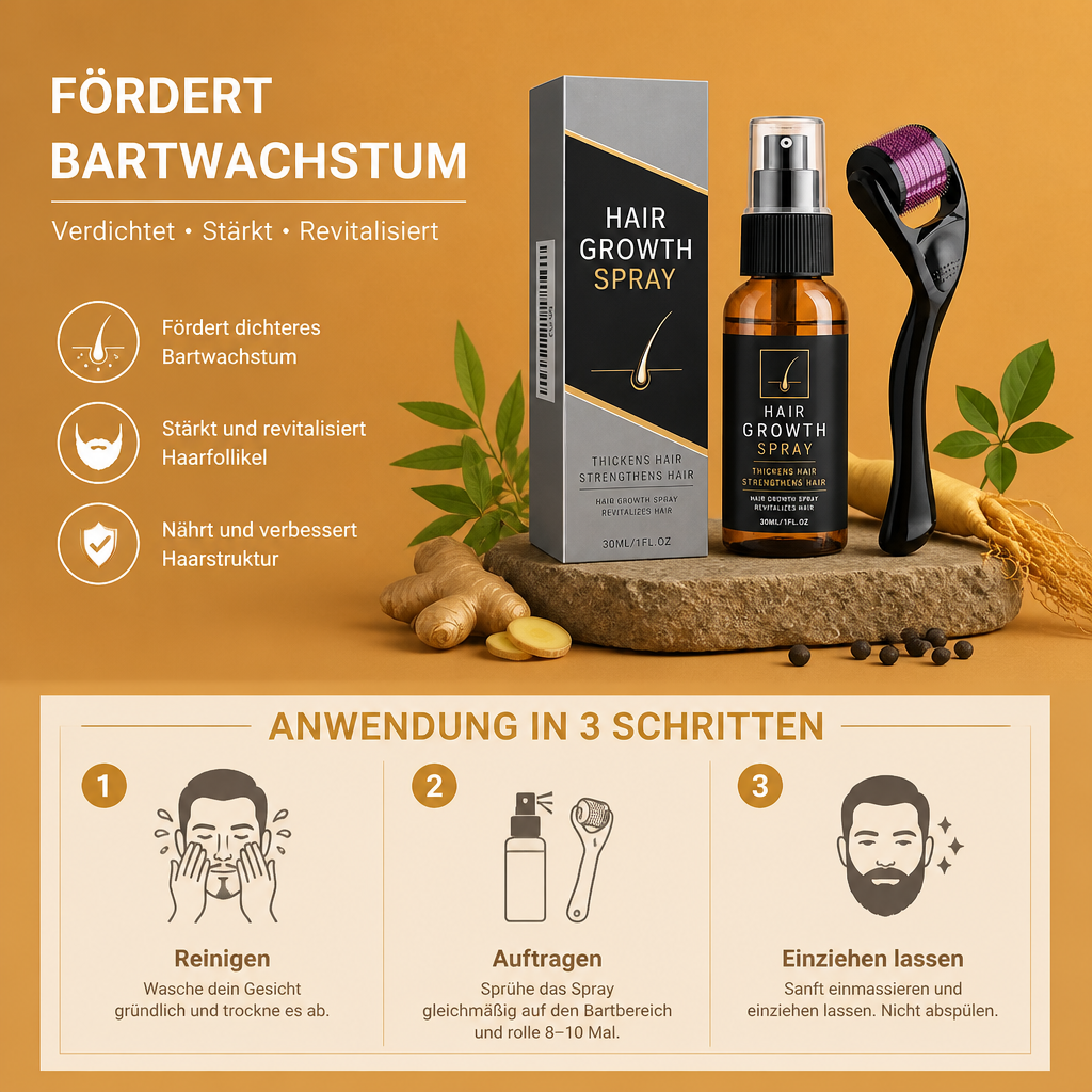 Bartwachstums-Spray & Roller-Set – Stärkt, Verdichtet und Revitalisiert das Haar