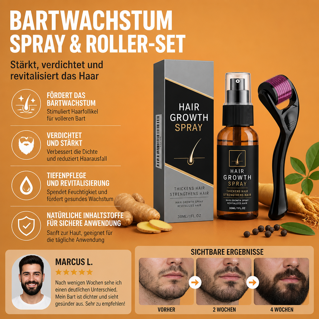 Bartwachstums-Spray & Roller-Set – Stärkt, Verdichtet und Revitalisiert das Haar