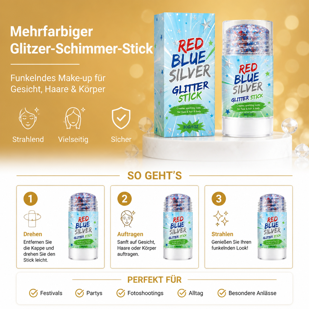 Mehrfarbiger Glitzer-Schimmer-Stick – Funkelndes Make-up für Gesicht, Haare & Körper