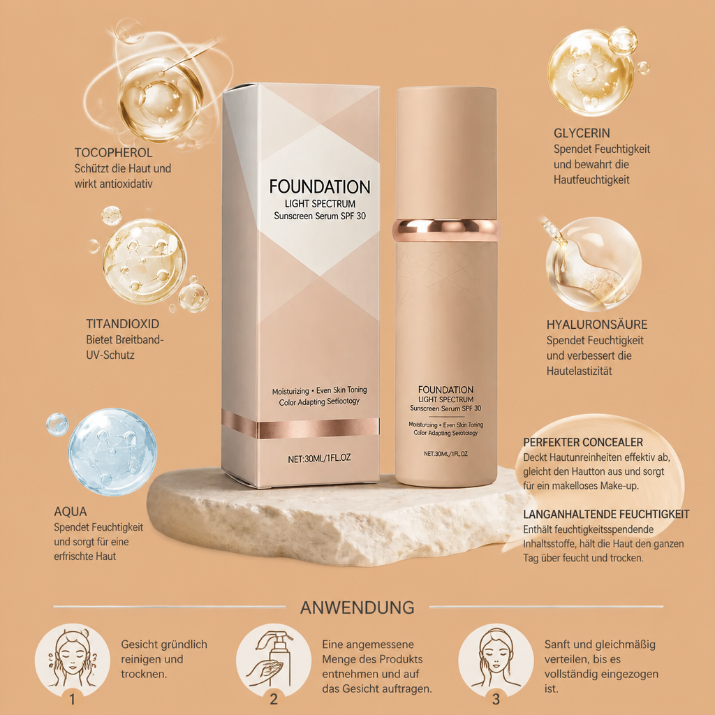 Foundation Light Spectrum Sonnenschutz-Serum – Feuchtigkeitsspendende Deckkraft mit SPF-Pflege