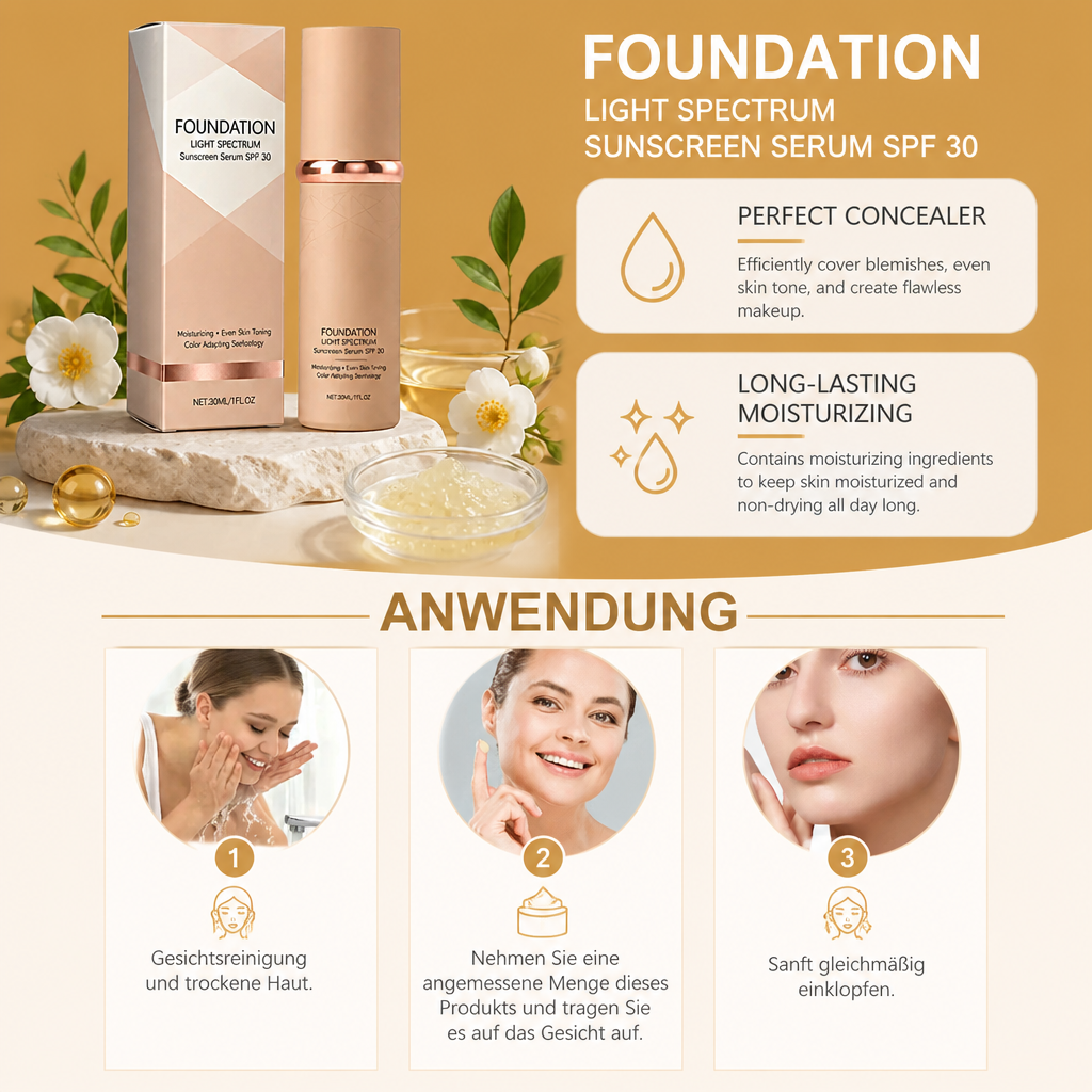 Foundation Light Spectrum Sonnenschutz-Serum – Feuchtigkeitsspendende Deckkraft mit SPF-Pflege