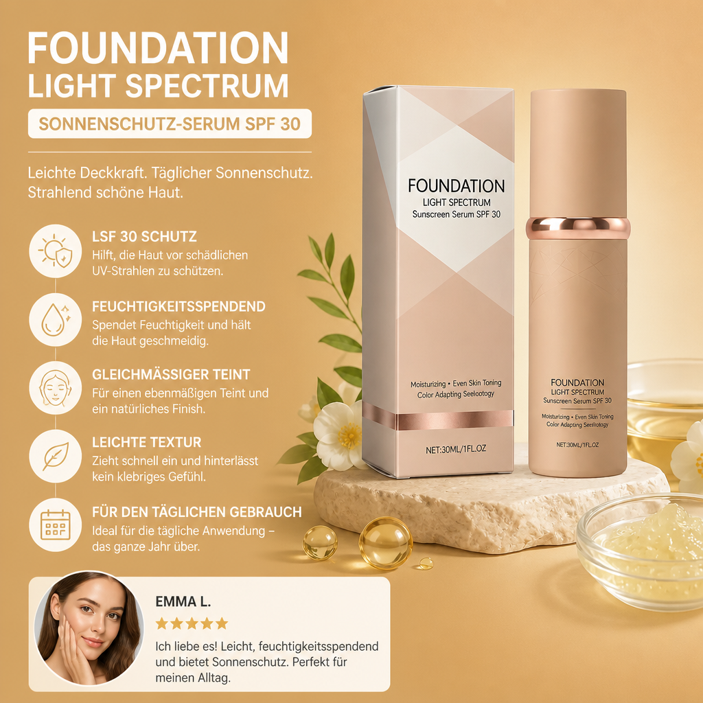 Foundation Light Spectrum Sonnenschutz-Serum – Feuchtigkeitsspendende Deckkraft mit SPF-Pflege