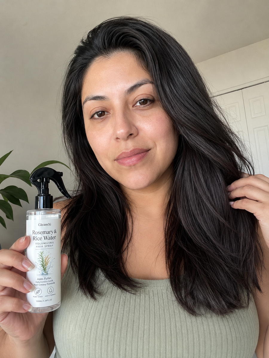 Nach der Anwendung des GleamXi Rosmarin & Reiswasser Haarsprays