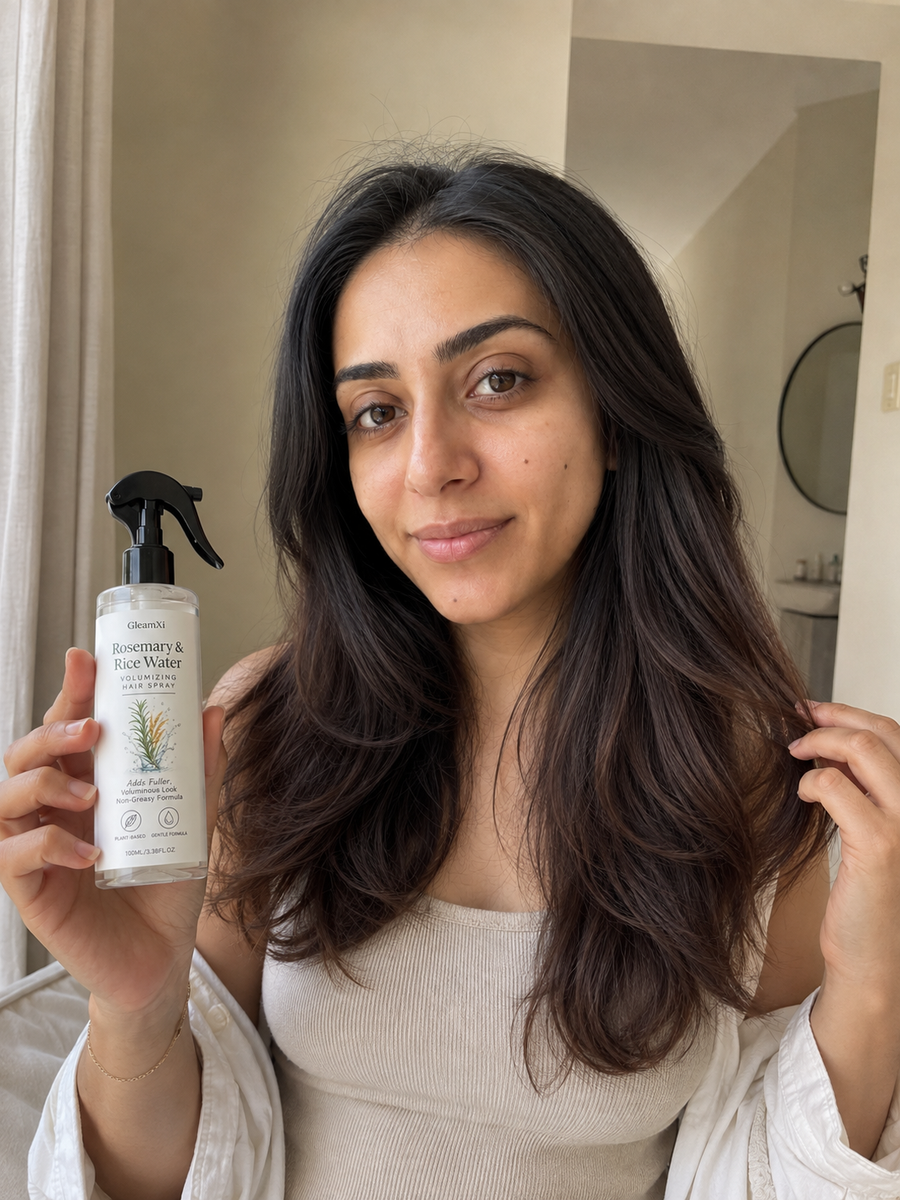 Nach der Anwendung des GleamXi Rosmarin & Reiswasser Haarsprays