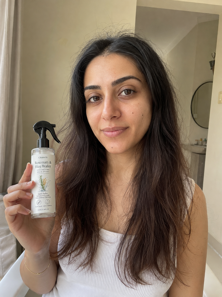 Vor der Anwendung des GleamXi Rosmarin & Reiswasser Haarsprays