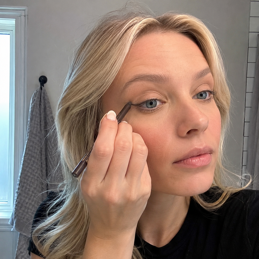 Kundin trägt den Deutschen Beauty Wasserfesten Eyeliner-Stift auf