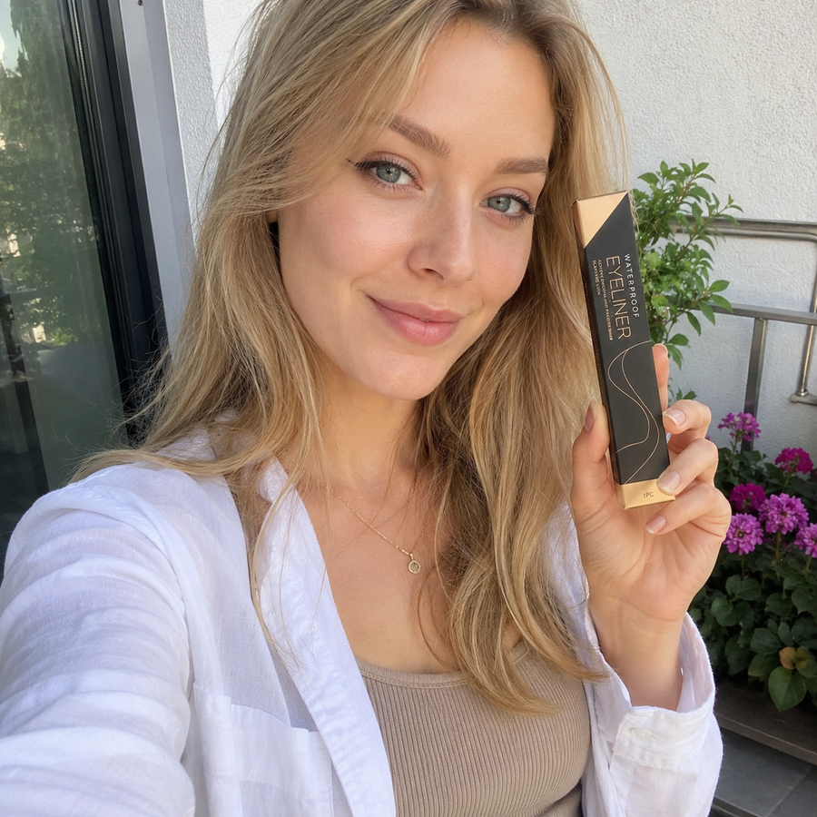 Kundin trägt den Deutschen Beauty Wasserfesten Eyeliner im Spiegel-Selfie auf