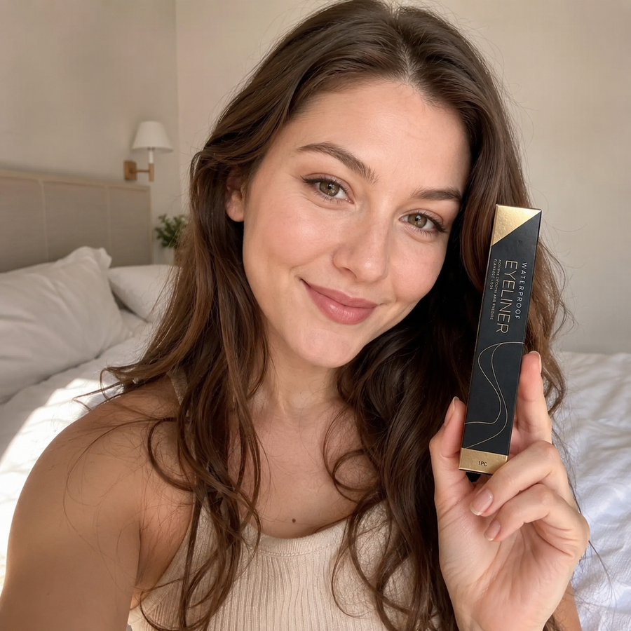 Kundin trägt den Deutschen Beauty Wasserfesten Eyeliner entlang des Wimpernkranzes auf
