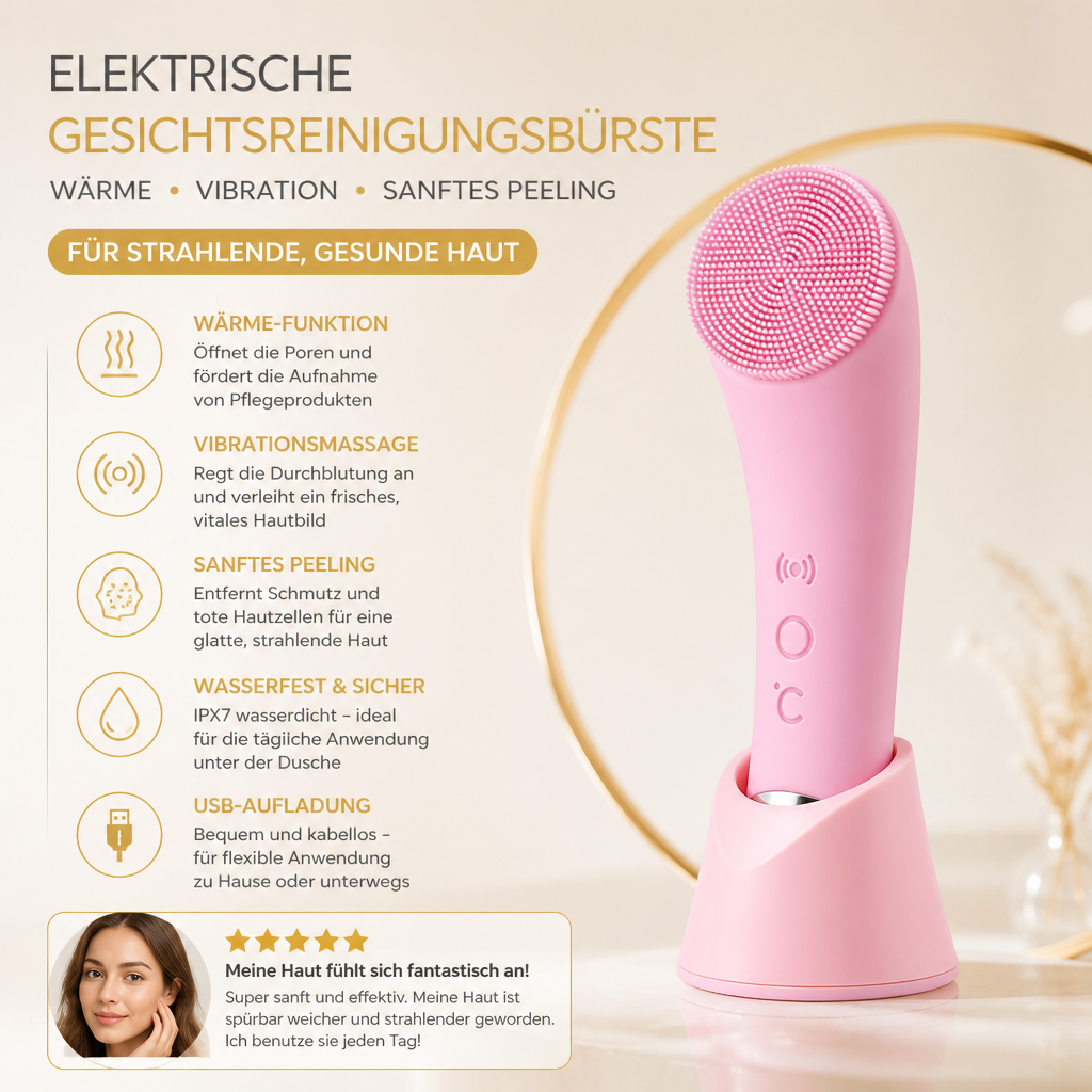 Elektrische Gesichtsreinigungsbürste mit Wärme und Vibration – Sanftes Peeling & Massage