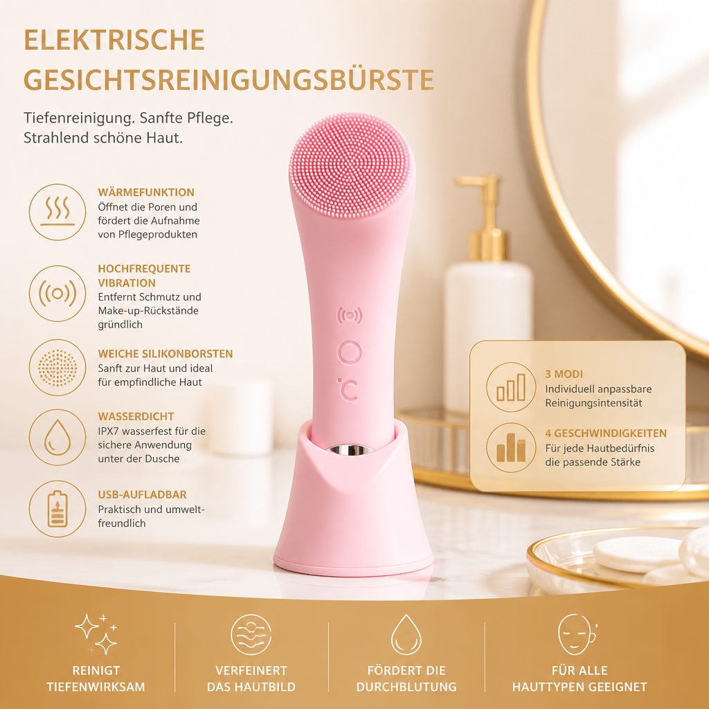 Elektrische Gesichtsreinigungsbürste mit Wärme und Vibration – Sanftes Peeling & Massage