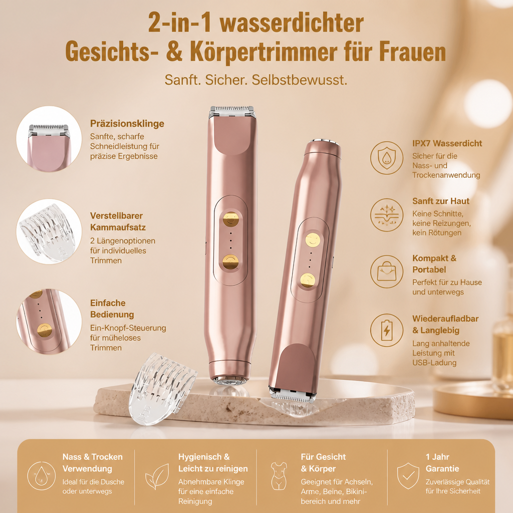 2-in-1 wasserdichter elektrischer Gesichts- und Körpertrimmer & Rasierer für Frauen