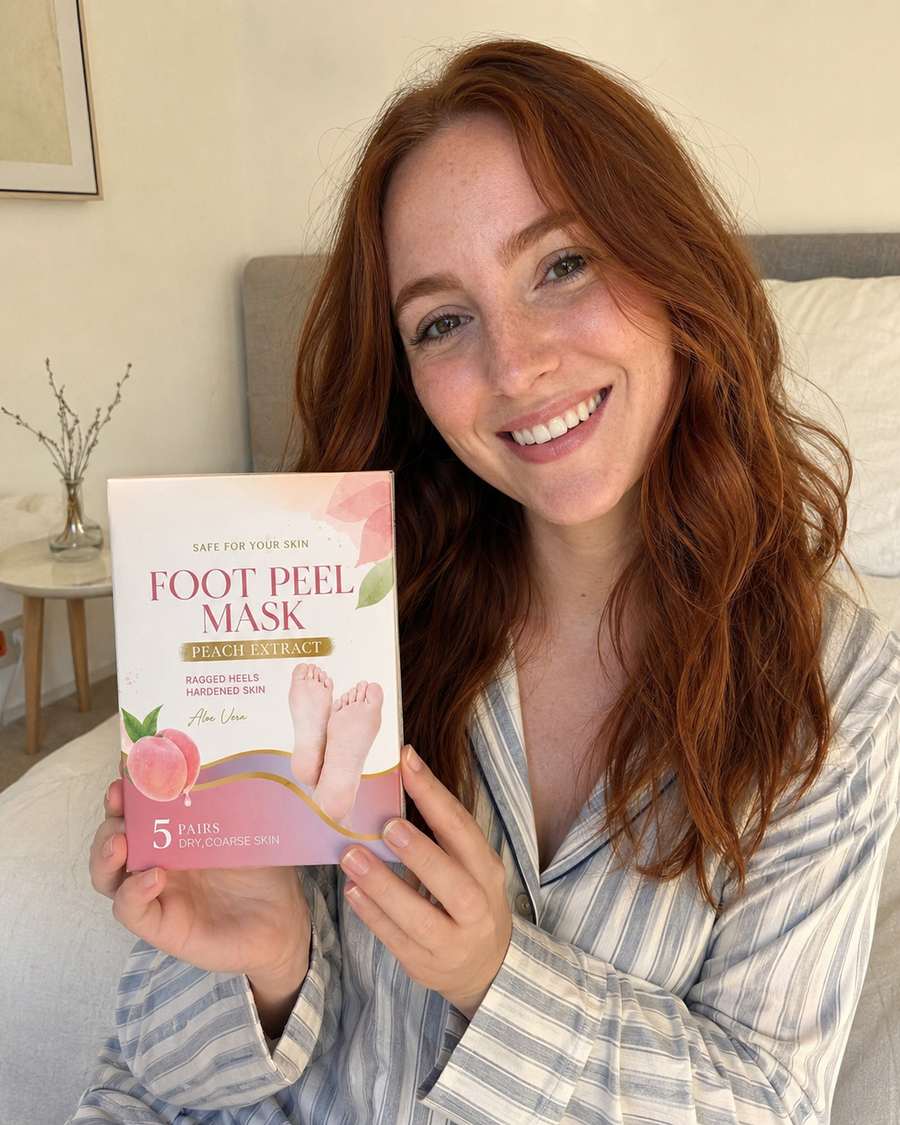 Kundin mit Foot Peel Mask Ergebnis nach einer Anwendung