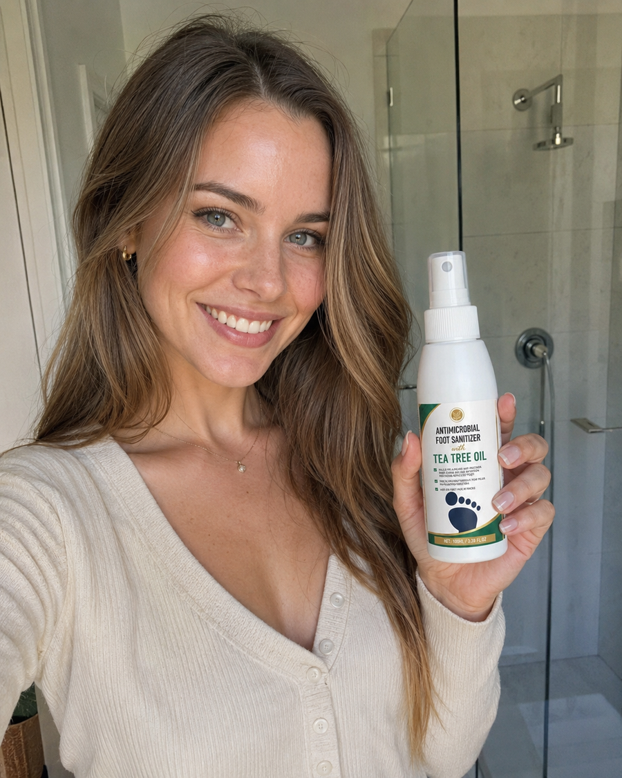 Kundin sprüht das Deutsche Beauty Fußspray auf ihre Füße