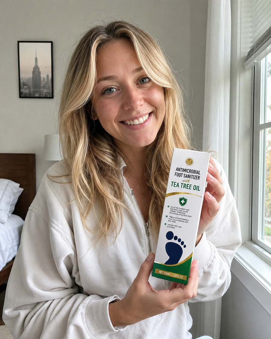 Kundin hält das Deutsche Beauty Fußdesinfektionsspray in der Hand