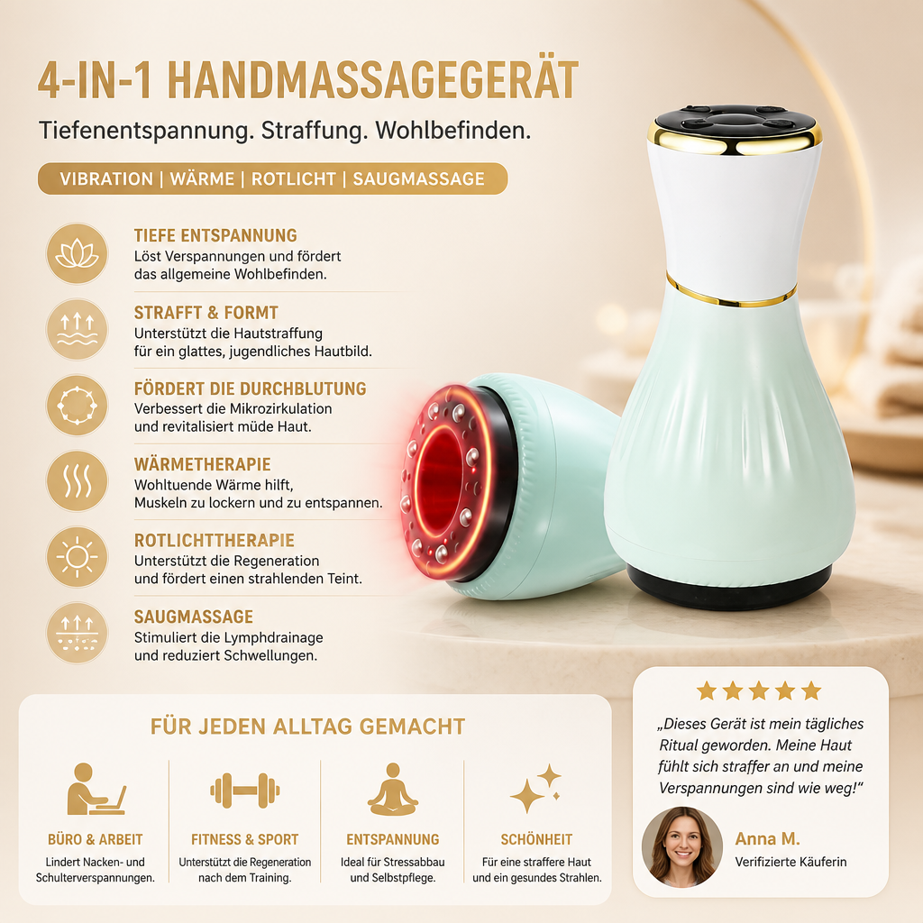 4-in-1-Handmassagegerät für die Tiefengewebsmassage mit Wärme, Vibration und Rotlichttherapie