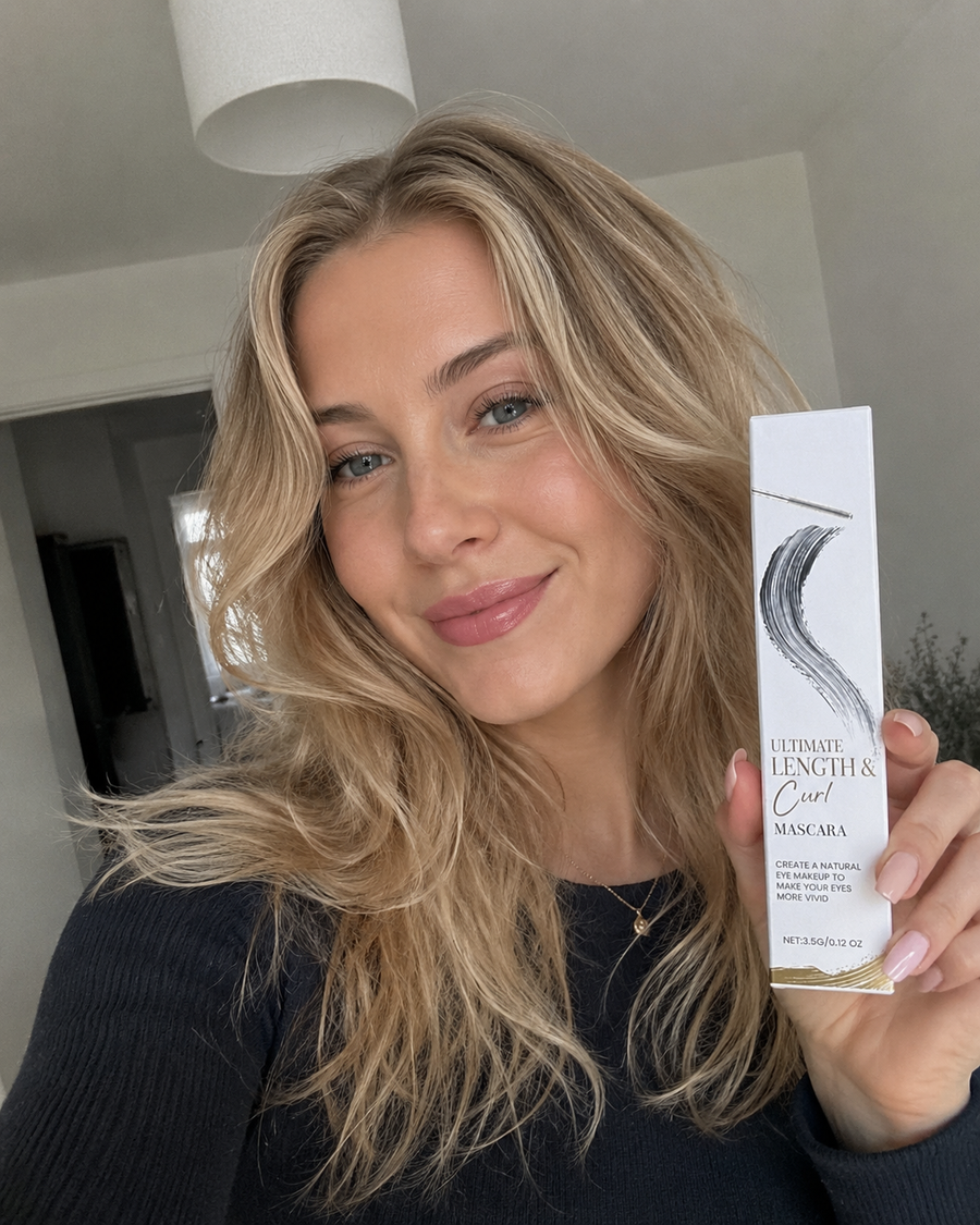 Kundin zeigt das Ergebnis der Deutschen Beauty Mascara