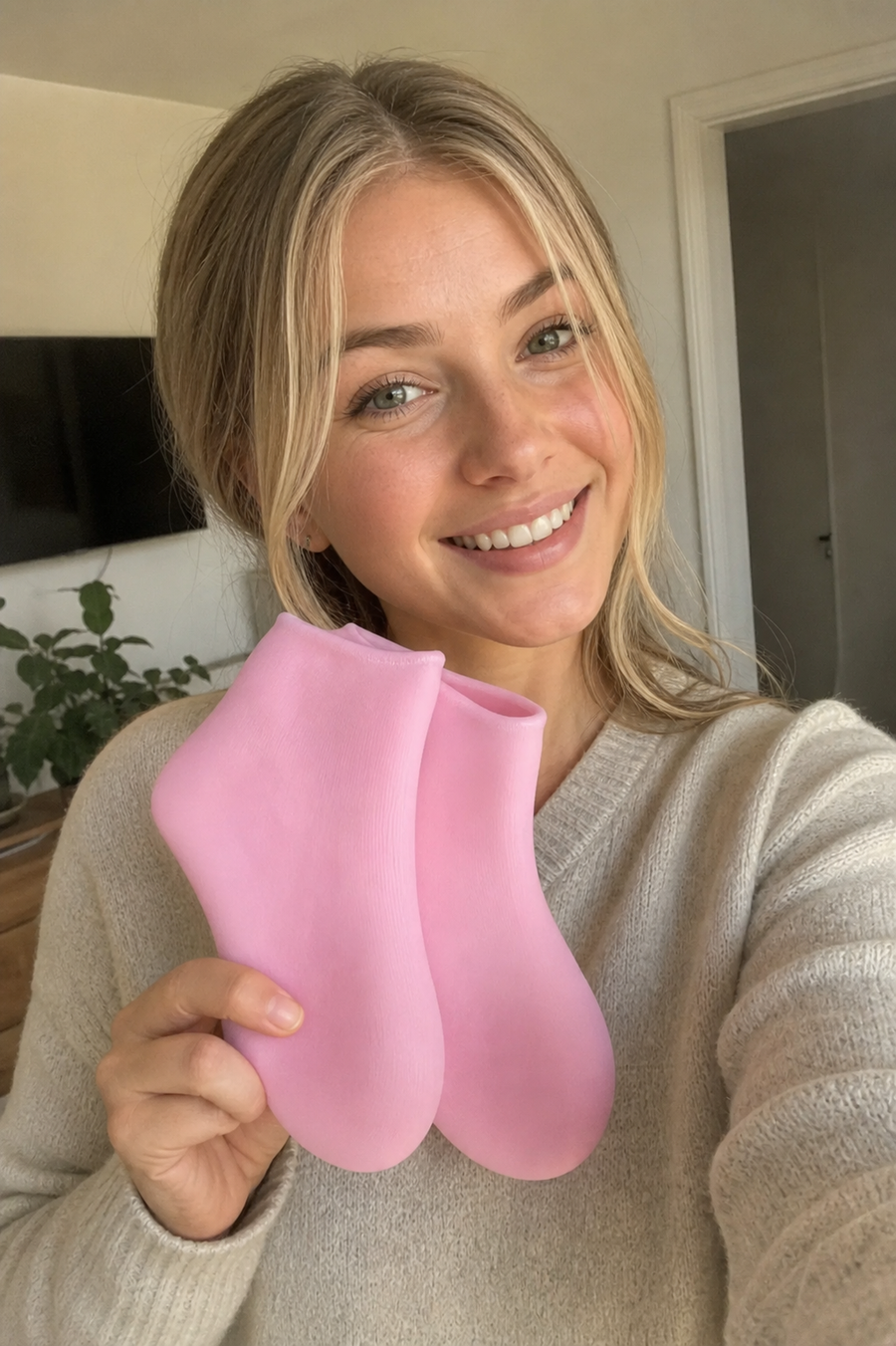 Kundin sitzt auf dem Bett und lächelt mit rosa Gel-Socken