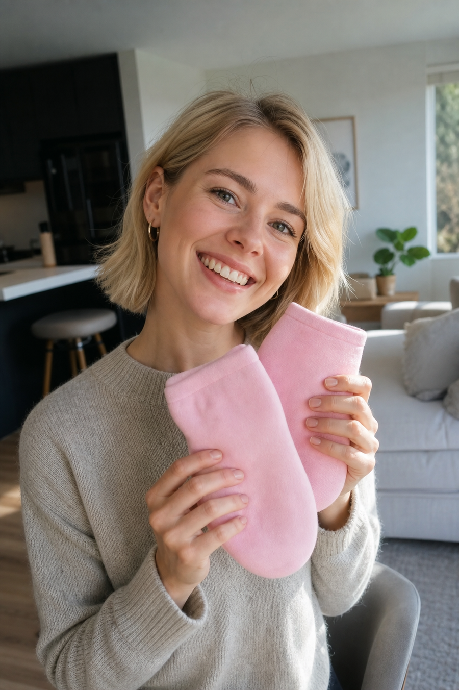 Kundin zeigt rosa Gel-Socken in die Kamera