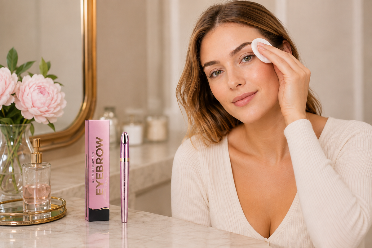 Augenbrauen vor der Anwendung des Deutsche Beauty Wasserfesten 4-Spitzen-Augenbrauenstifts bürsten
